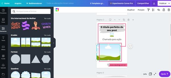 Aprenda a editar templates no Canva, menu lateral, elementos