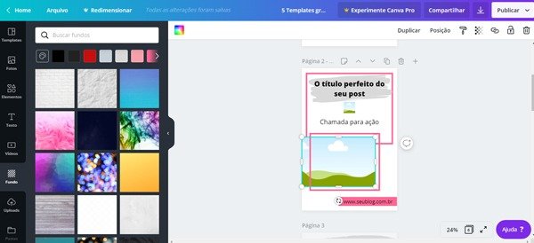 Aprenda a editar templates no Canva, menu lateral, fundo