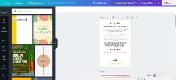 Aprenda a editar templates no Canva, menu lateral