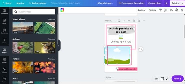Aprenda a editar templates no Canva, menu lateral, vídeos
