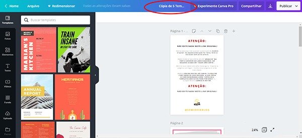 Alterando o nome de um arquivo no Canva. Aproveite e acesse 5 templates grátis para Pinterest