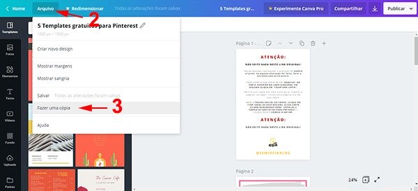 Como Salvar uma cópia de arquivo no Canva - No post tem passo a passo e 5 templates para Pinterest grátis