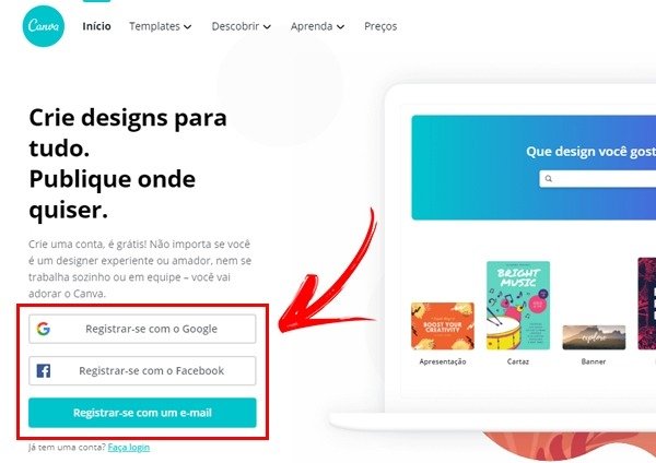 Pagina para fazer o cadastro no site Canva e começar a criar designs