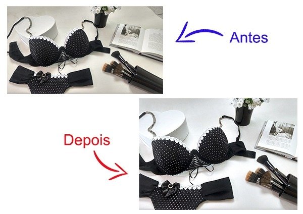 Antes e depois de uma fotografia de produtos tratada.