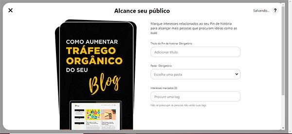 Criando seu Pin de História - Adicione Título, escolha pasta e as tags