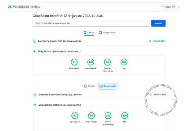 desempenho PageSpeed site da Cavibela - Mobile e Desktop