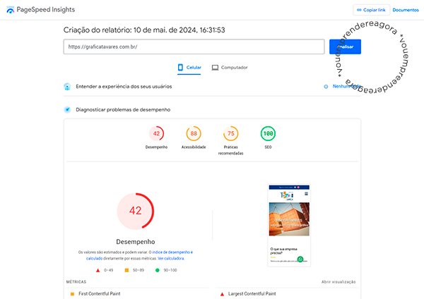 resultado teste de velocidade site da gráfica tavares antes do redesign