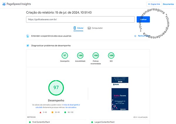 resultado teste de velocidade site da Gráfica Tavares depois do redesign