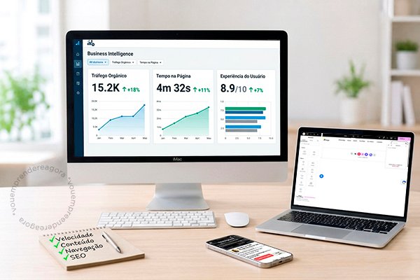Monitor mostrando análise prática de melhorias em site com métricas de tráfego orgânico, experiência do usuário e SEO.