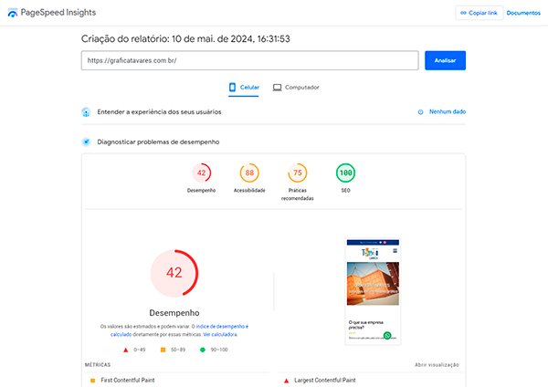 Resultado teste de velocidade do site da Gráfica Tavares antes do Redesign - PageSpeed