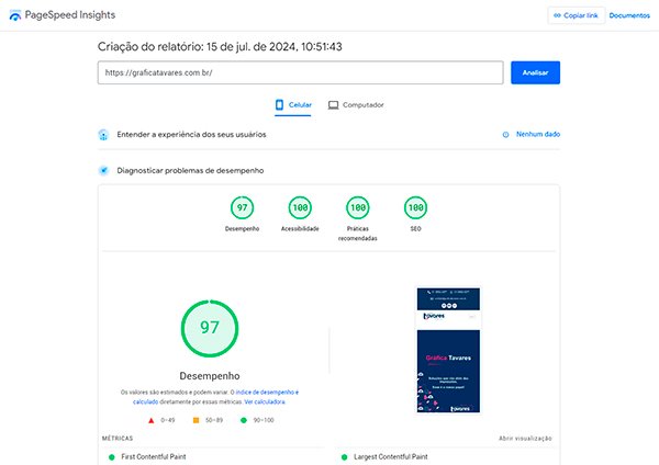 Resultado teste de velocidade do site da Gráfica Tavares depois do Redesign - PageSpeed